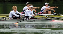 The German Women's Double Sculls with Annekatrin Thiele (b) and Christiane Huth (s) looking exhausted after finishing fourth in the Final A at the 2009 Rowing World Cup in Lucerne, Switzerland. MyRowingphoto.com