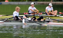 The German Women's Double Sculls with Annekatrin Thiele (b) and Christiane Huth (s) looking exhausted after finishing fourth in the Final A at the 2009 Rowing World Cup in Lucerne, Switzerland. MyRowingphoto.com