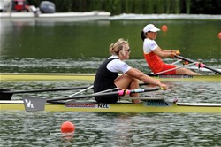 Emma Twigg from New Zealand finished second in front of Xiuyun Zhang from China at the 2009 Rowing World Cup in Lucerne, Switzerland. MyRowingphoto.com