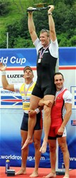 Podium of the Men's Single Sculls at the 2009 Rowing World Cup in Lucerne, Switzerland: Mahe Drysdale from New Zealand (top) won in front of Olaf Tufte (l, Norway) and Tim Maeyens (r, Belgium). MyRowingphoto.com