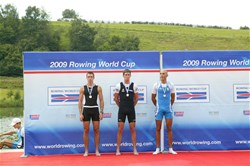 Podium of the Lightweight Men's Single Sculls with Mads Rasmussen from Denmark (l, silver), Duncan Grant from New Zealand (gold) and Lorenzo Bertini from Italy (bronze) at the 2009 Rowing World Cup in Lucerne, Switzerland.
