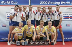 Podium of the Lightweight Men's Four at the 2009 Rowing World Cup in Lucerne, Switzerland: Denmark (front) won in front of France (l) and the Czech Republic.