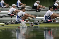 The French Men's Double Sculls with Cedric Berrest (b) and Julien Bahain (s) racing the Final A at the 2009 Rowing World Cup in Lucerne, Switzerland.