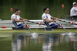 The French Men's Double Sculls with Cedric Berrest (b) and Julien Bahain (s) racing the Final A at the 2009 Rowing World Cup in Lucerne, Switzerland.