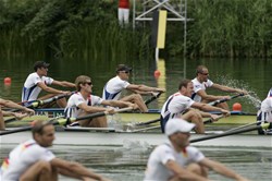 Finish of the Lightweight Men's Four Final A at the 2009 Rowing World Cup in Lucerne, Switzerland. 