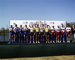 Medal podium for the lightweight mens four. From l-r, France take silver, Denmark take gold, and Canada secure bronze at the 2001 Rowing World Cup in Princeton, United States of America