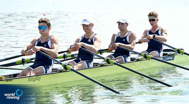 Troy Riesenberger (b), Justin Schmidt, Eli Rabinowitz, Simon Dubiel (s), Lightweight Men's Quadruple Sculls, United States of America, 2022 World Rowing Under 19 & Under 23 Championships, Varese, Italy / Detlev Seyb/MyRowingPhoto.com