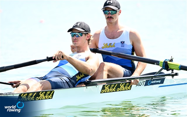 Adrian Reininger (b), David Suckert (s), Men's Pair, Austria, 2022 World Rowing Under 19 & Under 23 Championships, Varese, Italy / Detlev Seyb/MyRowingPhoto.com