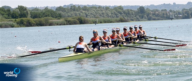 Evie Rademaker (b), Iris Van Den Berg, Jitske Weersma, Lotte Jansen, Frederique Pals, Noortje Wilms, Nienke Von Hebel, Linn Van Aanholt (s), Hanne Berendse (c), Women's Eight, Netherlands, 2022 World Rowing Under 19 & Under 23 Championships, Varese, Italy / Detlev Seyb/MyRowingPhoto.com