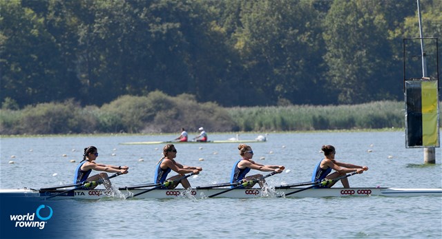 Bianca Saffirio (b), Maria Sole Perugino, Alice Ramella, Sara Borghi (s), Lightweight Women's Quadruple Sculls, Italy, 2022 World Rowing Under 19 & Under 23 Championships, Varese, Italy / Detlev Seyb/MyRowingPhoto.com