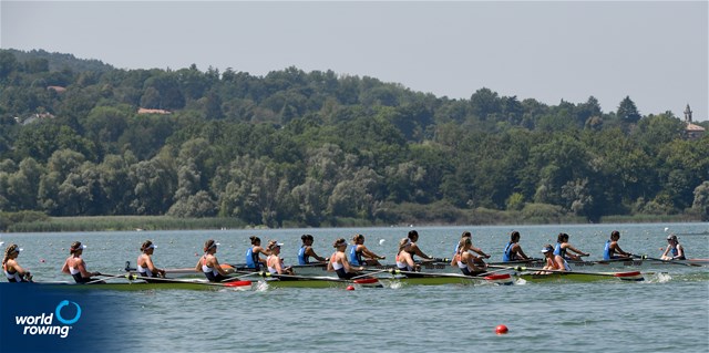 Evie Rademaker (b), Iris Van Den Berg, Jitske Weersma, Lotte Jansen, Frederique Pals, Noortje Wilms, Nienke Von Hebel, Linn Van Aanholt (s), Hanne Berendse (c), Women's Eight, Netherlands, 2022 World Rowing Under 19 & Under 23 Championships, Varese, Italy / Detlev Seyb/MyRowingPhoto.com