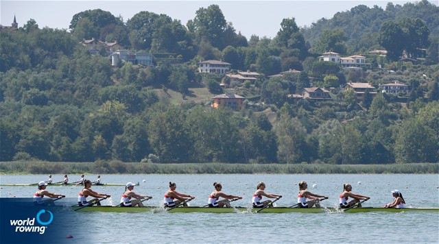 Tori Schwerin (b), Paula Gerundt, Emilia Fritz, Olivia Clotten, Luise Bachmann, Maike Boettcher, Lene Muehrs, Anni Koetitz (s), Annalena Fisch (c), Women's Eight, Germany, 2022 World Rowing Under 19 & Under 23 Championships, Varese, Italy / Detlev Seyb/MyRowingPhoto.com