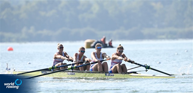 Phoebe Campbell (b), Lauren Carey, Georgina Robinson Ranger, Lettice Cabot (s), Women's Four, Great Britain, 2022 World Rowing Under 19 & Under 23 Championships, Varese, Italy / Detlev Seyb/MyRowingPhoto.com