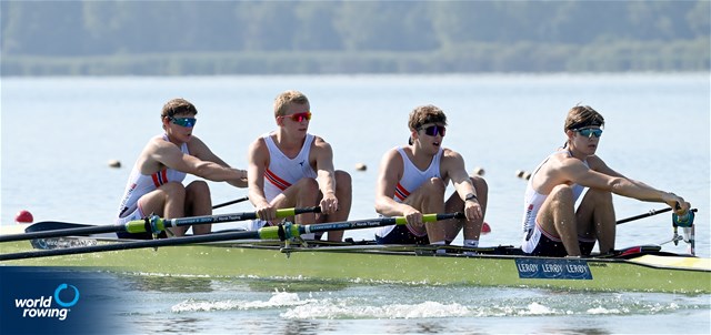 Jonathan Wang-Norderud (b), Syvert Senumstad, Aksel Wergeland, Einar Bjorvik (s), Men's Four, Norway, 2022 World Rowing Under 19 & Under 23 Championships, Varese, Italy / Detlev Seyb/MyRowingPhoto.com
