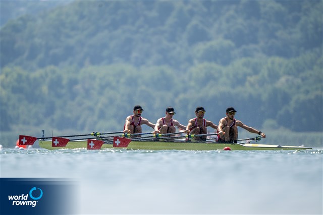 Tobias Fuerholz (b), Cedric Payer, Dorian Rosenberg, Tommaso Fassone (s), Lightweight Men's Quadruple Sculls, Switzerland, 2022 World Rowing Under 19 & Under 23 Championships, Varese, Italy / World Rowing/Benedict Tufnell
