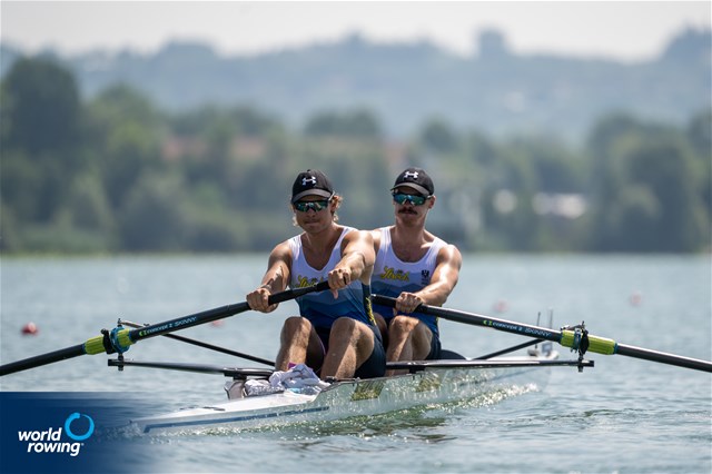 Adrian Reininger (b), David Suckert (s), Men's Pair, Austria, 2022 World Rowing Under 19 & Under 23 Championships, Varese, Italy / World Rowing/Benedict Tufnell