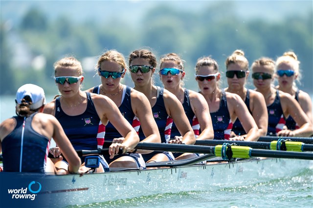 Hannah Heideveld (b), Sophia Hahn, Madison Moore, Camille Vandermeer, Margaret Hedeman, Kathia Nitsch, Azja Czajkowski, Isabella Battistoni (s), Rachel Rane (c), Women's Eight, United States of America, 2022 World Rowing Under 19 & Under 23 Championships, Varese, Italy / World Rowing/Benedict Tufnell
