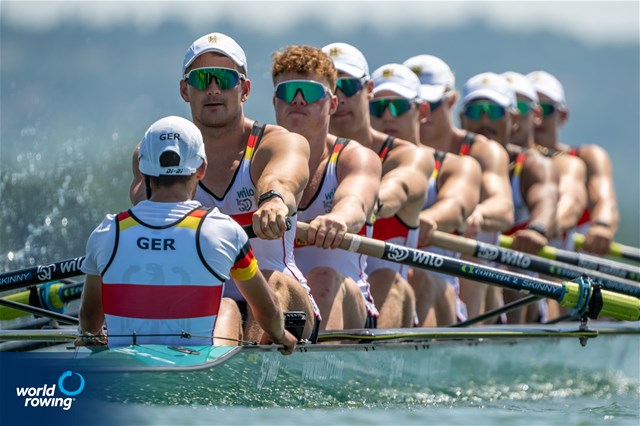 Jannik Metzger (b), Noah Anger, Paul Emil Scholz, Soenke Kruse, Klas Ole Lass, Ben Gebauer, Paul Klapperich, David Keefer (s), Florian Koch (c), Men's Eight, Germany, 2022 World Rowing Under 19 & Under 23 Championships, Varese, Italy / World Rowing/Benedict Tufnell