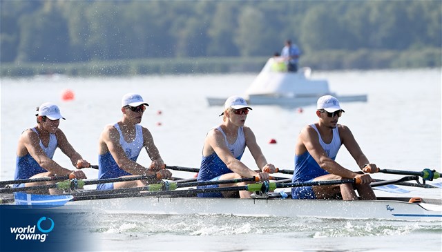 Panagiotis Adam (b), Apostolos Lykomitros, Nikolaos Cholopoulos, Dimitrios Papazoglou (s), Men's Quadruple Sculls, Greece, 2022 World Rowing Under 19 & Under 23 Championships, Varese, Italy / Detlev Seyb/MyRowingPhoto.com