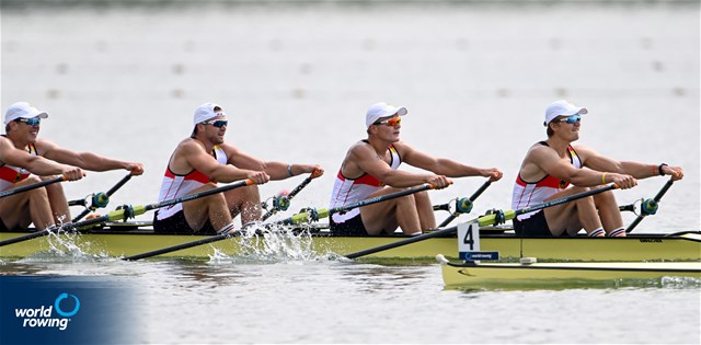 Tom Granitz (b), Paul Berghoff, Oliver Holtz, Alexander Finger (s), Men's Quadruple Sculls, Germany, 2022 World Rowing Under 19 & Under 23 Championships, Varese, Italy / Detlev Seyb/MyRowingPhoto.com