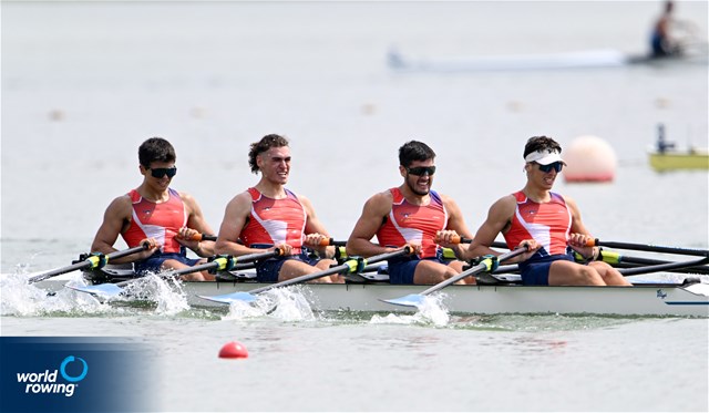 Alonso Poo Venegas (b), Pedro Canales Maldonado, Brahim Alvayay Lazcani, Andoni Habash Bajas (s), Men's Quadruple Sculls, Chile, 2022 World Rowing Under 19 & Under 23 Championships, Varese, Italy / Detlev Seyb/MyRowingPhoto.com