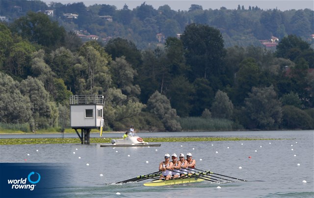 Tom Granitz (b), Paul Berghoff, Oliver Holtz, Alexander Finger (s), Men's Quadruple Sculls, Germany, 2022 World Rowing Under 19 & Under 23 Championships, Varese, Italy / Maren Derlien/MyRowingPhoto.com