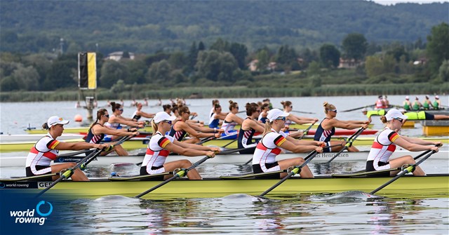 Sandrine Bartos (b), Marlene Zukunft, Lea Berkemeyer, Charlotte Luster (s), Women's Quadruple Sculls, Germany, 2022 World Rowing Under 19 & Under 23 Championships, Varese, Italy / Detlev Seyb/MyRowingPhoto.com