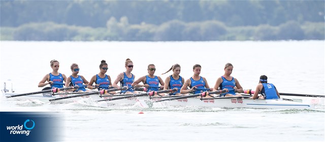 Anna Riccio (b), Federica Chisena, Victoria Gallucci, Giulia Zaffanella, Vittoria Calabrese, Sandra Compagnucci, Marta Orefice, Giulia Orefice (s), Ilaria Colombo (c), Women's Eight, Italy, 2022 World Rowing Under 19 & Under 23 Championships, Varese, Italy / Detlev Seyb/MyRowingPhoto.com