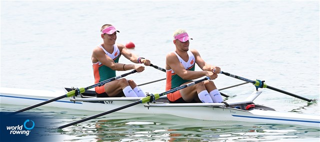 Roman Grebenin (b), Savvas Georgiou (s), Men's Double Sculls, Cyprus, 2022 World Rowing Under 19 & Under 23 Championships, Varese, Italy / Detlev Seyb/MyRowingPhoto.com