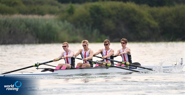 Simon Mikkelsen (b), Christian Soendergaard, Elias Ellehammer Andersen, Tobias Kramer Bosnes (s), Men's Four, Denmark, 2022 World Rowing Under 19 & Under 23 Championships, Varese, Italy / Detlev Seyb/MyRowingPhoto.com