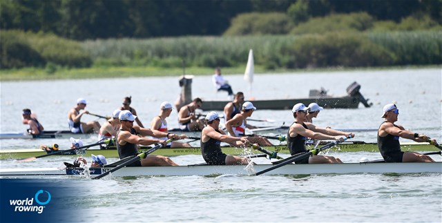 Joshua Vodanovich (b), Blake Bradshaw, Seth Hope, Zackary Rumble (s), Ella Greenslade (c), Men's Coxed Four, New Zealand, 2022 World Rowing Under 19 & Under 23 Championships, Varese, Italy / Detlev Seyb/MyRowingPhoto.com
