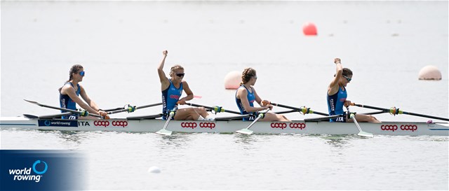Bianca Saffirio (b), Maria Sole Perugino, Alice Ramella, Sara Borghi (s), Lightweight Women's Quadruple Sculls, Italy, 2022 World Rowing Under 19 & Under 23 Championships, Varese, Italy / Detlev Seyb/MyRowingPhoto.com