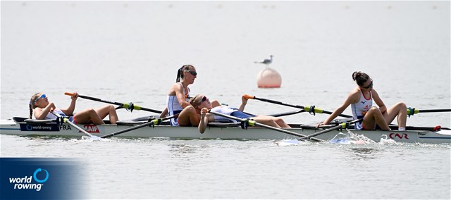 Noemie Sepe (b), Marion Chagnot, Eugenie Bertrand, Ines Boccanfuso (s), Lightweight Women's Quadruple Sculls, France, 2022 World Rowing Under 19 & Under 23 Championships, Varese, Italy / Detlev Seyb/MyRowingPhoto.com
