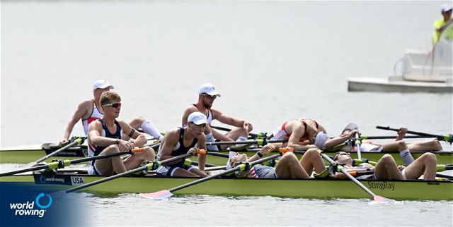 Troy Riesenberger (b), Justin Schmidt, Eli Rabinowitz, Simon Dubiel (s), Lightweight Men's Quadruple Sculls, United States of America, 2022 World Rowing Under 19 & Under 23 Championships, Varese, Italy / Detlev Seyb/MyRowingPhoto.com