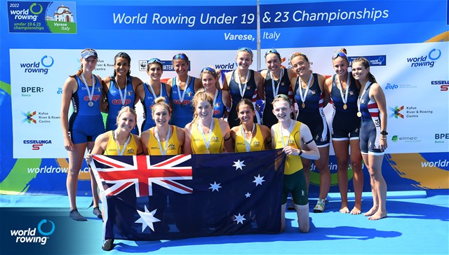 Isabella Scammell (b), Samantha Morton Van Eybergen, Emma Wilson, Emmie Frederico (s), Nicholas Dunlop (c), Women's Coxed Four, Australia, Gold, Anna Scolaro (b), Anna Rossi, Khadija Alajdi El Idrissi, Alice Codato (s), Alessandra Faella (c), Italy, Silver, Angela Szabo (b), Greta Filor, Elena Collier-Hezel, Katherine Kelly (s), Caroline Ricksen (c), United States of America, Bronze, 2022 World Rowing Under 19 & Under 23 Championships, Varese, Italy / Detlev Seyb/MyRowingPhoto.com