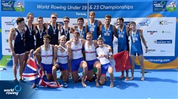 Henry Pearson (b), Robert Prosser, Benjamin Hinves, Bruce Turnell (s), William Denegri (c), Men's Coxed Four, Great Britain, Gold, Zachary Vachal (b), Benjamin Dukes, Nathan Phelps, Erik Spinka (s), William Dempsey (c), United States of America, Silver, Antonio Zaffiro (b), Aniello Sabbatino, Volodymyr Kuflyk, Ivan Galimberti (s), Filippo Wiesenfeld (c), Italy, Bronze, 2022 World Rowing Under 19 & Under 23 Championships, Varese, Italy / Detlev Seyb/MyRowingPhoto.com