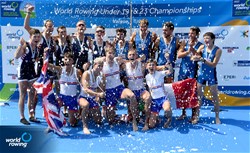 Henry Pearson (b), Robert Prosser, Benjamin Hinves, Bruce Turnell (s), William Denegri (c), Men's Coxed Four, Great Britain, Gold, Zachary Vachal (b), Benjamin Dukes, Nathan Phelps, Erik Spinka (s), William Dempsey (c), United States of America, Silver, Antonio Zaffiro (b), Aniello Sabbatino, Volodymyr Kuflyk, Ivan Galimberti (s), Filippo Wiesenfeld (c), Italy, Bronze, 2022 World Rowing Under 19 & Under 23 Championships, Varese, Italy / Detlev Seyb/MyRowingPhoto.com
