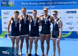 Zachary Vachal (b), Benjamin Dukes, Nathan Phelps, Erik Spinka (s), William Dempsey (c), Men's Coxed Four, United States of America, Silver, 2022 World Rowing Under 19 & Under 23 Championships, Varese, Italy / Detlev Seyb/MyRowingPhoto.com
