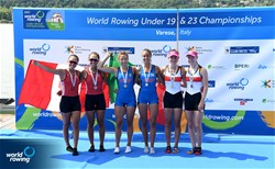 Maria Zerboni (b), Samantha Premerl (s), Lightweight Women's Pair, Italy, Gold, Alessia Palacios (b), Valeria Palacios (s), Peru, Silver, Anna Haendle (b), Cecilia Sommerfeld (s), Germany, Bronze, 2022 World Rowing Under 19 & Under 23 Championships, Varese, Italy / Detlev Seyb/MyRowingPhoto.com
