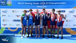 Collin Hay (b), Nathaniel Sass (s), Lightweight Men's Pair, United States of America, Gold, Francesco Bardelli (b), Stefano Pinsone (s), Italy, Silver, Manuel Fernandez  Antri (b), Rodrigo Paz (s), Chile, Bronze, 2022 World Rowing Under 19 & Under 23 Championships, Varese, Italy / Detlev Seyb/MyRowingPhoto.com