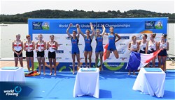 Bianca Saffirio (b), Maria Sole Perugino, Alice Ramella, Sara Borghi (s), Lightweight Women's Quadruple Sculls, Italy, Gold, Rieke Hulsen (b), Claire Licht, Finja Lara Rothhardt, Romy Dreher (s), Germany, Silver, Noemie Sepe (b), Marion Chagnot, Eugenie Bertrand, Ines Boccanfuso (s), France, Bronze, 2022 World Rowing Under 19 & Under 23 Championships, Varese, Italy / Detlev Seyb/MyRowingPhoto.com