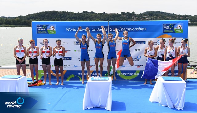 Bianca Saffirio (b), Maria Sole Perugino, Alice Ramella, Sara Borghi (s), Lightweight Women's Quadruple Sculls, Italy, Gold, Rieke Hulsen (b), Claire Licht, Finja Lara Rothhardt, Romy Dreher (s), Germany, Silver, Noemie Sepe (b), Marion Chagnot, Eugenie Bertrand, Ines Boccanfuso (s), France, Bronze, 2022 World Rowing Under 19 & Under 23 Championships, Varese, Italy / Detlev Seyb/MyRowingPhoto.com