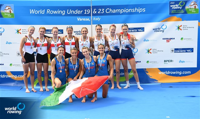 Bianca Saffirio (b), Maria Sole Perugino, Alice Ramella, Sara Borghi (s), Lightweight Women's Quadruple Sculls, Italy, Gold, Rieke Hulsen (b), Claire Licht, Finja Lara Rothhardt, Romy Dreher (s), Germany, Silver, Noemie Sepe (b), Marion Chagnot, Eugenie Bertrand, Ines Boccanfuso (s), France, Bronze, 2022 World Rowing Under 19 & Under 23 Championships, Varese, Italy / Detlev Seyb/MyRowingPhoto.com