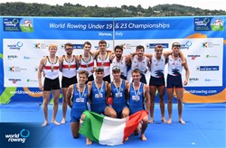 Luca Borgonovo (b), Nicolo' Demiliani, Krystian Adrian Maron, Matteo Tonelli (s), Lightweight Men's Quadruple Sculls, Italy, Gold, Adrian Reinstaedler (b), Tim Streib, Oskar Kroglowski, Yannick Doerr (s), Germany, Silver, Leo - Paul Fiacre (b), Antoine Lefebvre, Louis Pruvost, Clement Mariot (s), France, Bronze, 2022 World Rowing Under 19 & Under 23 Championships, Varese, Italy / Detlev Seyb/MyRowingPhoto.com