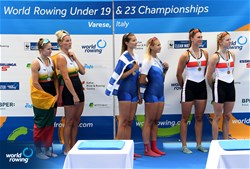 Evangelia Fragkou (b), Christina Ioanna Bourmpou (s), Women's Pair, Greece, Gold, Martyna Kazlauskaite (b), Kamile Kralikaite (s), Lithuania, Silver, Katarina Tkachenko (b), Luisa Schade (s), Germany, Bronze, 2022 World Rowing Under 19 & Under 23 Championships, Varese, Italy / Detlev Seyb/MyRowingPhoto.com