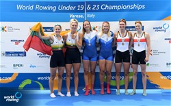 Evangelia Fragkou (b), Christina Ioanna Bourmpou (s), Women's Pair, Greece, Gold, Martyna Kazlauskaite (b), Kamile Kralikaite (s), Lithuania, Silver, Katarina Tkachenko (b), Luisa Schade (s), Germany, Bronze, 2022 World Rowing Under 19 & Under 23 Championships, Varese, Italy / Detlev Seyb/MyRowingPhoto.com