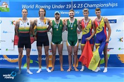 Damien Bonhage-Koen (b), Christopher Baxter (s), Men's Pair, South Africa, Gold, Dovydas Stankunas (b), Domantas Stankunas (s), Lithuania, Silver, Andrei Mandrila (b), Claudiu Neamtu (s), Romania, Bronze, 2022 World Rowing Under 19 & Under 23 Championships, Varese, Italy / Detlev Seyb/MyRowingPhoto.com