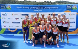Lisa Bruijnincx (b), Vera Sneijders, Willemijn Mulder, Femke Paulis (s), Women's Quadruple Sculls, Netherlands, Gold, Emanuela-Ioana Ciotau (b), Cristina Druga, Alexandra Ungureanu, Patricia Cires (s), Romania, Silver, Lena Siekerkotte (b), Johanna Debus, Lena Woelke, Rianne Lagerpusch (s), Germany, Bronze, 2022 World Rowing Under 19 & Under 23 Championships, Varese, Italy / Detlev Seyb/MyRowingPhoto.com