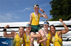 Isabella Scammell (b), Samantha Morton Van Eybergen, Emma Wilson, Emmie Frederico (s), Nicholas Dunlop (c), Women's Coxed Four, Australia, Gold, 2022 World Rowing Under 19 & Under 23 Championships, Varese, Italy / Maren Derlien/MyRowingPhoto.com