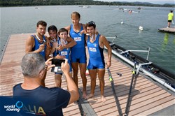Antonio Zaffiro (b), Aniello Sabbatino, Volodymyr Kuflyk, Ivan Galimberti (s), Filippo Wiesenfeld (c), Men's Coxed Four, Italy, Bronze, 2022 World Rowing Under 19 & Under 23 Championships, Varese, Italy / Maren Derlien/MyRowingPhoto.com